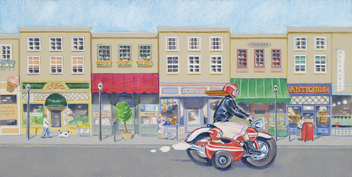 Giclée Print From the Book, I Promise I'll Find You, of a Woman Riding a Motorbike Through a Small Town. Limited Edition. Signed