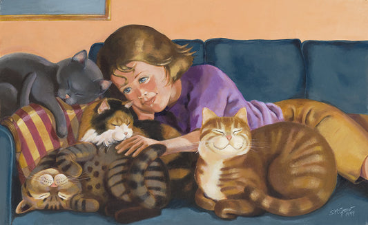 Giclee Print From the Book, Pussycats Everywhere!, of a Girl Cuddling Smiling Cats. Limited Edition. Signed